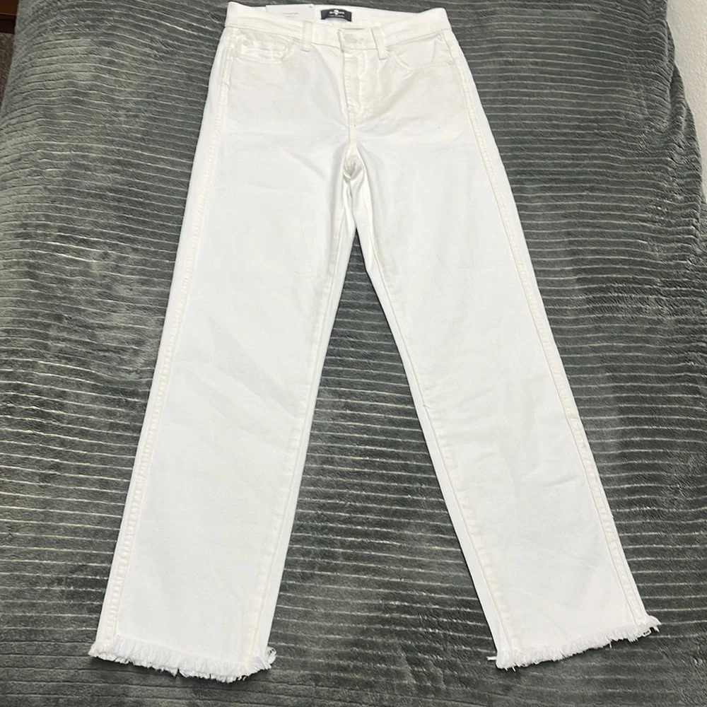 7 For All Mankind High Waisted White Cropped Straight Leg Jeans - Picture 3 of 11